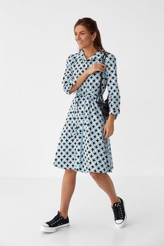 Сукня міді на гудзиках під поясок hot fashion - синій цвет, S (є розміри) 232142 фото